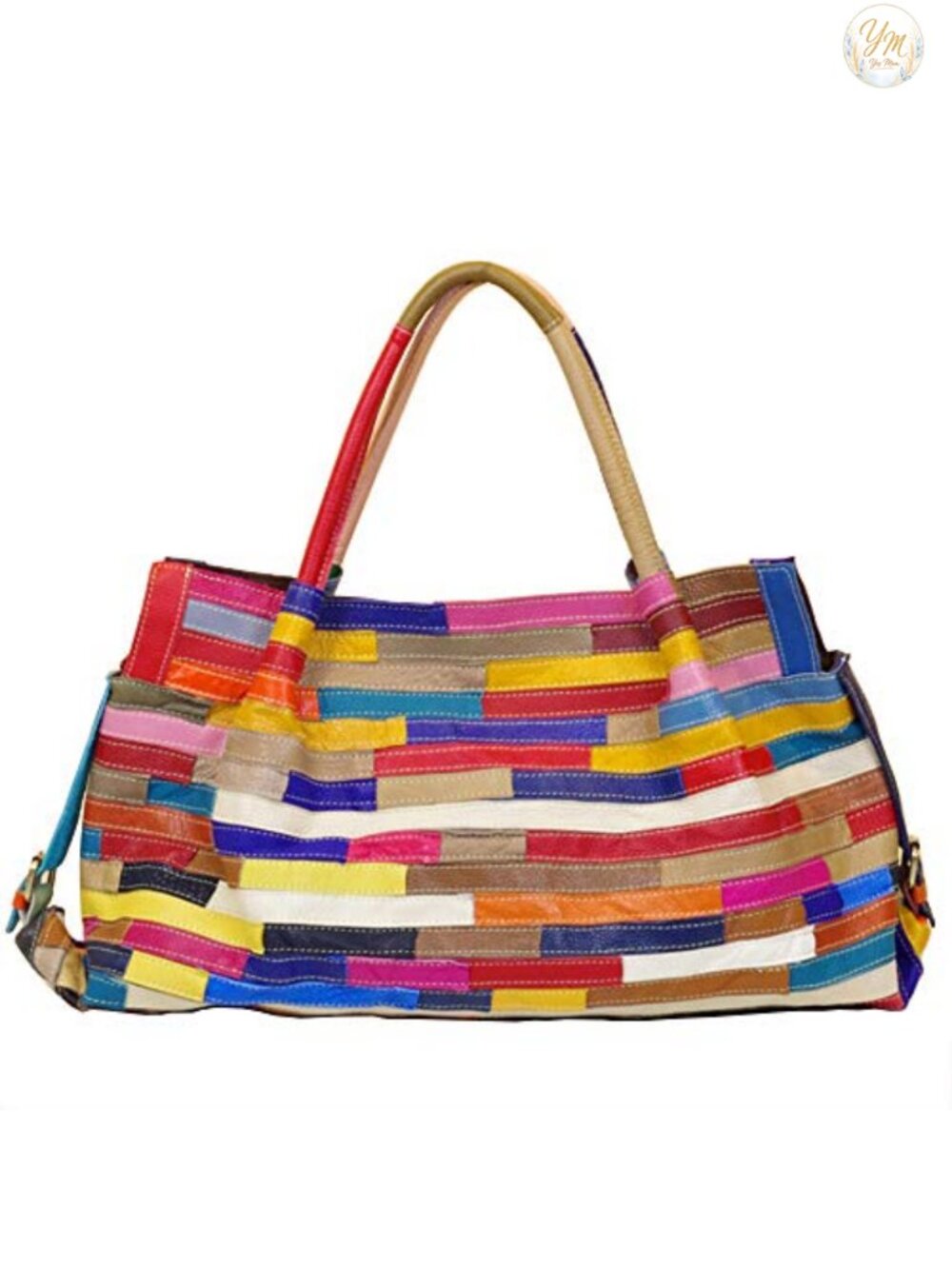 Genuine Leather Large Hobo Tote Bag Multicolor Stitching Handbag Shoulder Purse